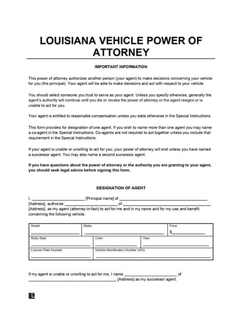 Free Louisiana Motor Vehicle Power of Attorney Form | PDF & Word