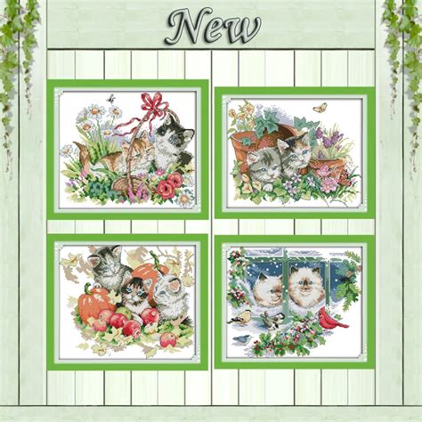 Four Seasons Cats Flower Summer Decor Painting Counted Print On Canvas