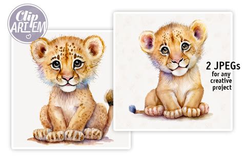 Cute Baby Lions Wall Art / Clip Art 2 Watercolor Images Set By clipArtem | TheHungryJPEG