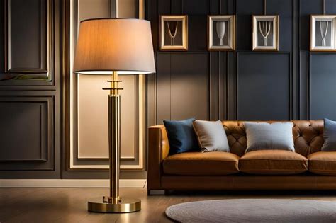 Premium Photo | A lamp in a living room with a gold base and a black wall behind it.