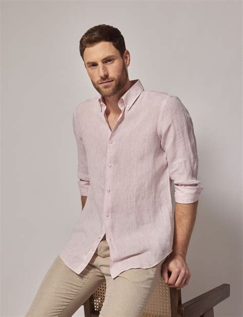 Mens Pink Linen Slim Shirt Button Down Collar Hawes And Curtis