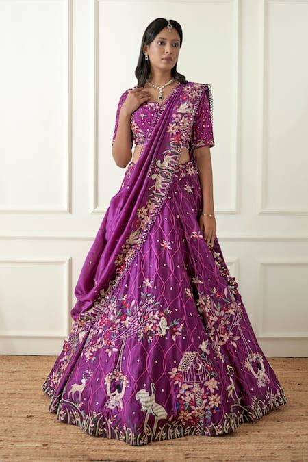 Buy Purple Silk Hand Embroidered Thread Notched And Cutdana Lehenga Set