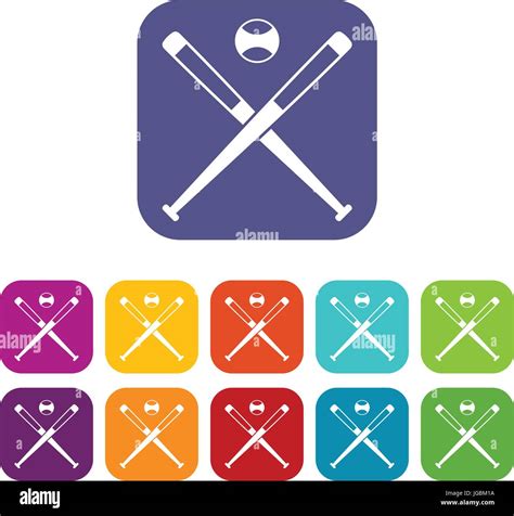 Crossed Baseball Bats And Ball Icons Set Flat Stock Vector Image Art