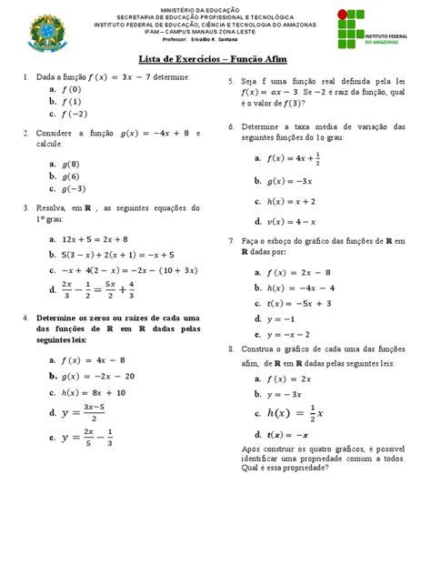 Lista De Exercicios Funcao Afim Pdf Função Matemática Objetos