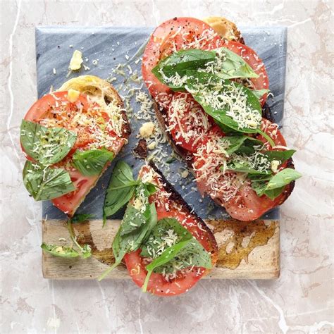 Tomatoes On Toast For Brunch Sourdough Bread Sliced Vine Ripened Tomatoes Grated Parmesan