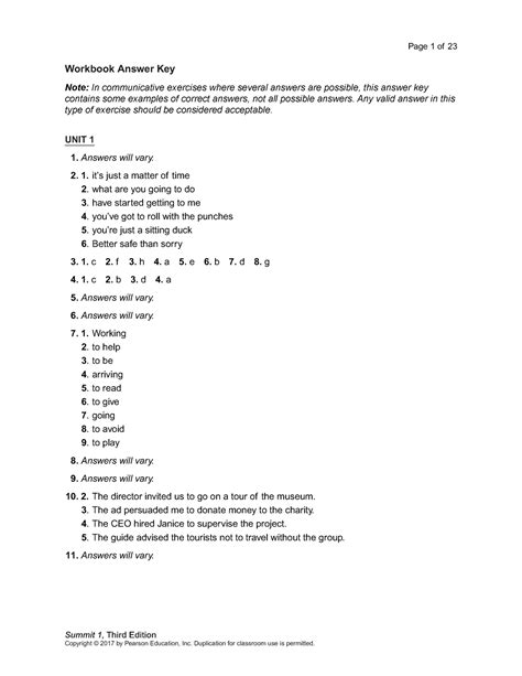 Summit 1 Work Book Answer Key Summit 1 Third Edition Workbook Answer