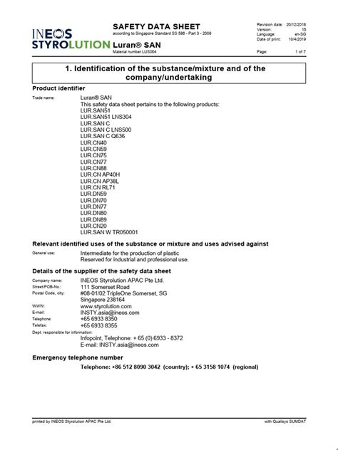 Msds Luran San Pdf Toxicity Combustion