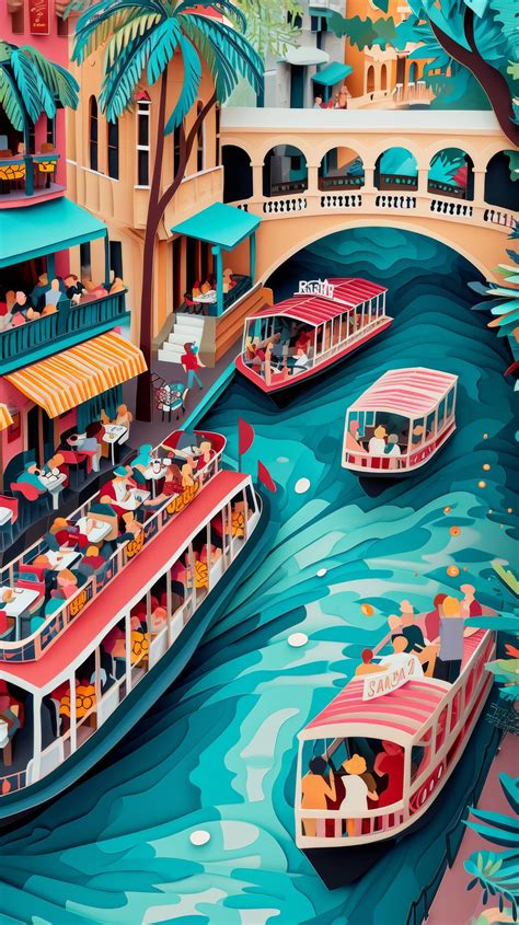 Colorful Illustration Of Canal Boats Vibrant River Scene Artwork