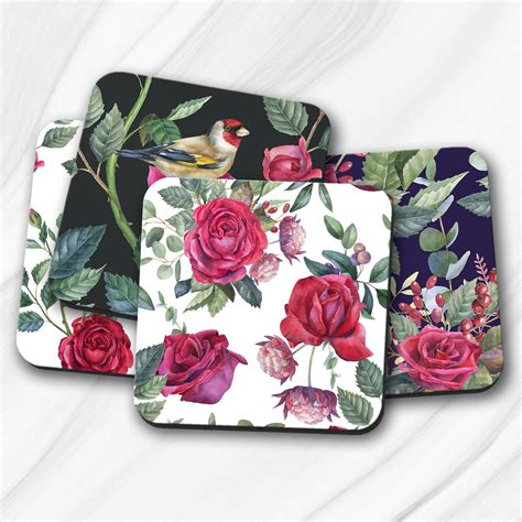 Red Roses Coasters Set Of Four Floral Print And Birds Etsy