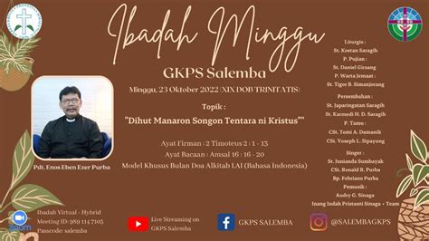 [live] Ibadah Minggu Gkps Salemba 23 Oktober 2022 Youtube