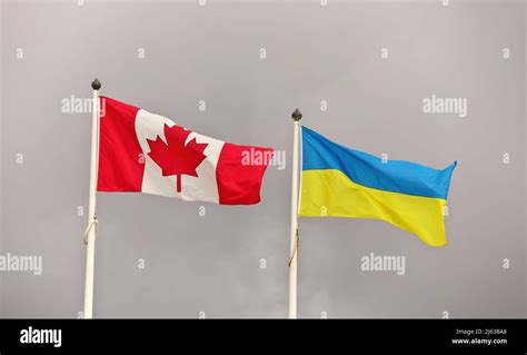 Canada And Ukraine National Flags Waving In Wind Against Cloudy Sky