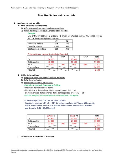 Chapitre 9 Les coûts partiels exemple corrigé graphique Comptabilité