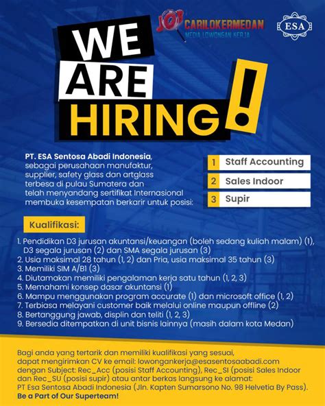 Loker SMA SMK D3 S1 Di PT Esa Sentosa Abadi Indonesia Medan