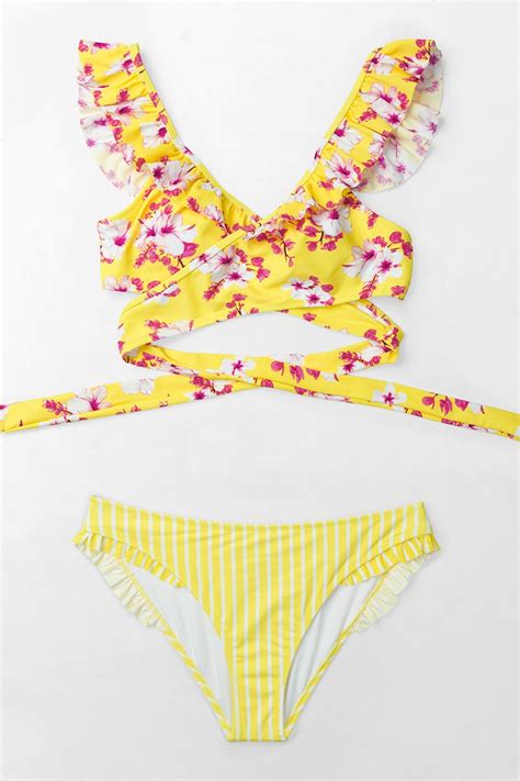Yellow Floral And Stripe Wrap Bikini