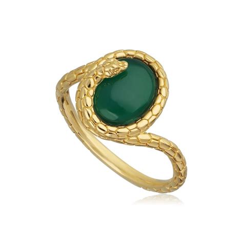 ECFEW Dyed Green Chalcedony Winding Snake Ring In Yellow Gold Plated