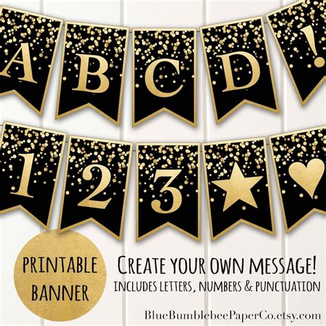 Printable Banner Black Gold Confetti Glitter Alphabet A Z Numbers