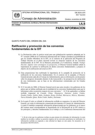 Ratificación Y Promoción De Los Convenios Fundamentales De La Oit