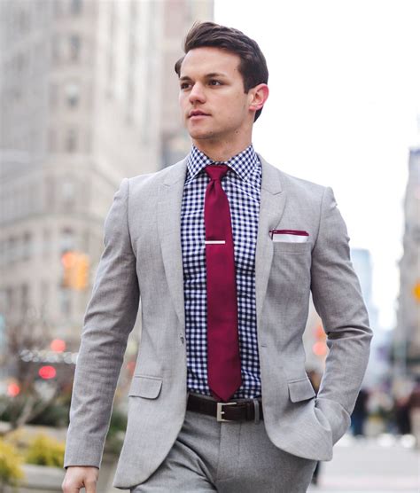 Sharp Look Light Grey Mens Suit With Gingham Shirt And Burgundy Tie Shirt And Tie Outfits