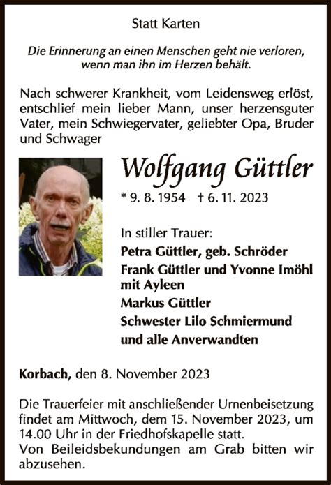 Traueranzeigen Von Wolfgang Güttler Trauerwlz Onlinede