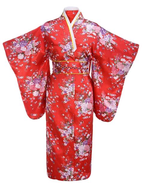 Kimono femme satiné rouge à motifs fleuris avec ceinture japonais