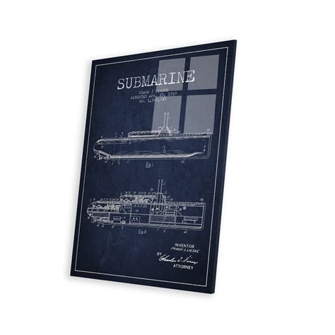 Breakwater Bay Submarine Vessel Navy Blue Patent Blueprint Print On