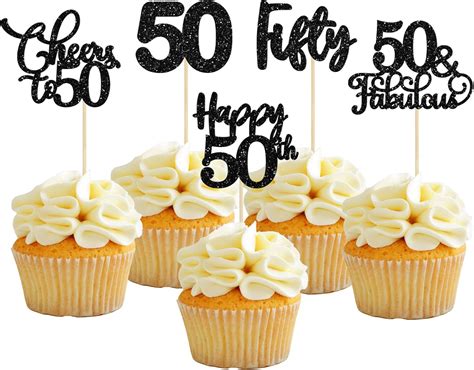 30 Pack Happy 50th Birthday Cupcake Toppers Black Glitter