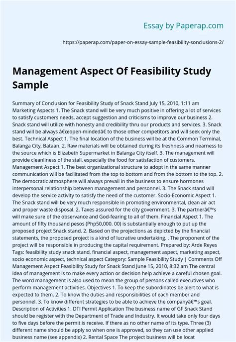 Management Aspect Of Feasibility Study Sample Essay Example