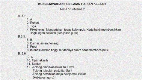 Soal Penilaian Harian Kelas Tema Subtema Dan Kunci Jawaban