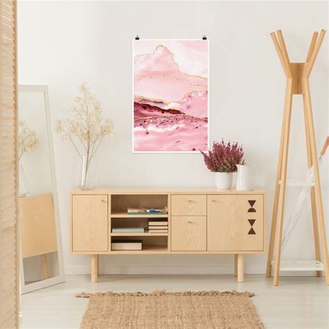 Abstrakte Berge Rosa Mit Goldene Linien Poster Im Hochformat