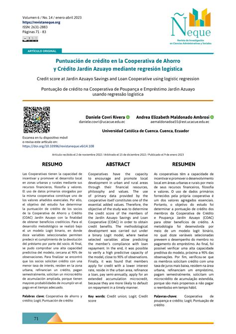 Pdf Puntuaci N De Cr Dito En La Cooperativa De Ahorro Y Cr Dito