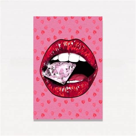 A Painting Of A Woman S Lips With A Diamond In Her Mouth On A Pink