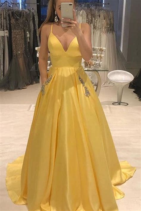 Macloth Straps V Neck Ball Gown Prom Dress With Pocket Yellow Formal E