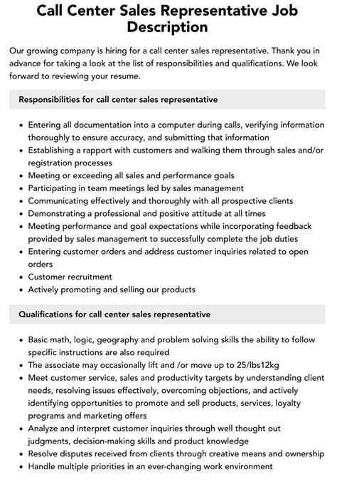 Call Center Sales Representative Job Description Velvet Jobs