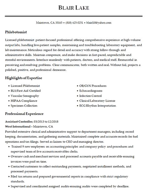 Phlebotomist Resume Example Medical Laboratory