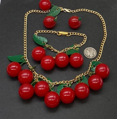 Antique Bakelite Celluloid Art Deco Red Cherries Hang Gem