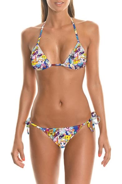 Cartoon Print Halter Triangle String Bikini Set Beautifulhalo