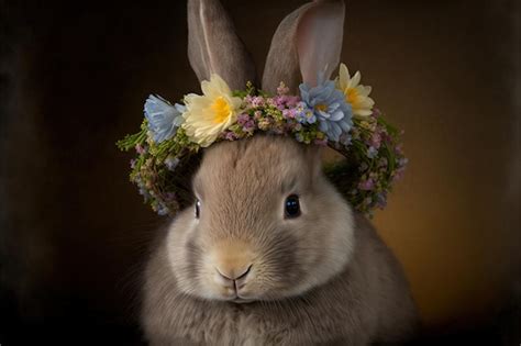 Premium AI Image Cute Bunny With Flower Crown Close Up View Generative AI