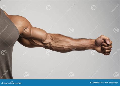 A Man Flexing His Arm With A Gray Background Stock Photo ...