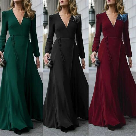 Women Formal Maxi Dress Deep V Neck Long Sleeve Evening Party Prom Gown