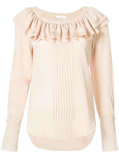 Lyst Chloé Ruffle Collar Blouse in Natural