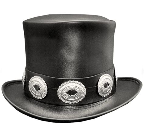 Leather Top Hat Rocker Slash Style Leather Concho Band Black