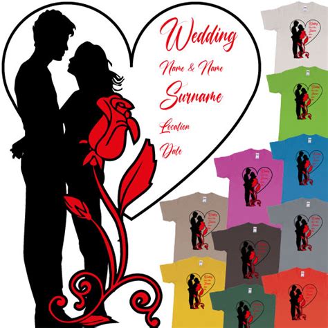 Wedding Couple Silhouette Hugging Red Rose Heart With Custom Text