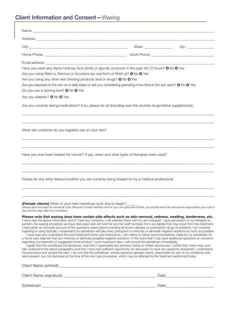 Waxing Consent Form Fillable Release And Waiver Pdf