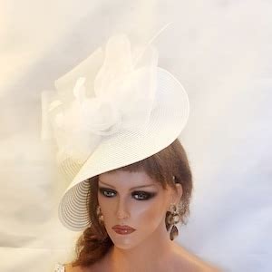 White Fascinator Large Saucer Hatinator Feather Floral Church Derby