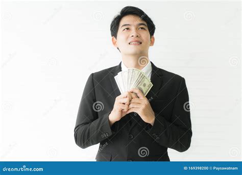 Portrait Asian Young Handsome Businessman Holding Money Dollars