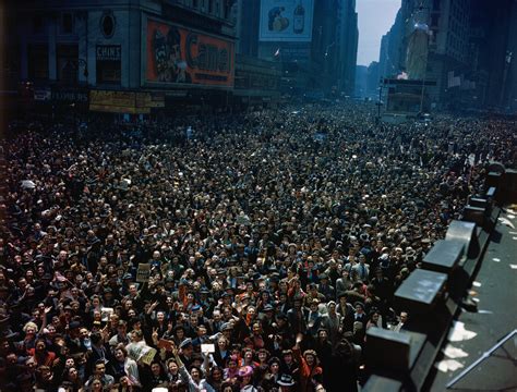 Crowd Celebrating Victory Day In Times Square End Of World War Ii