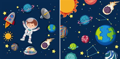 Two space scenes with planets and astronaut 605751 Vector Art at Vecteezy