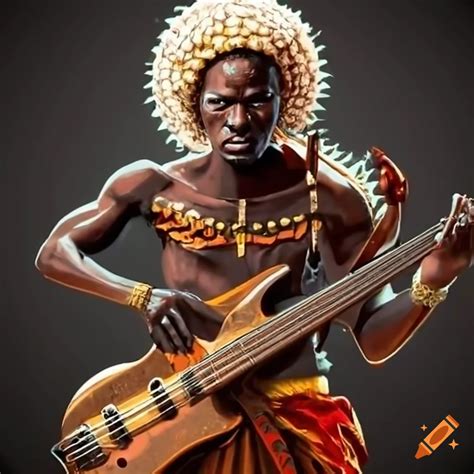 African Warrior Playing Bass Guitar On Craiyon