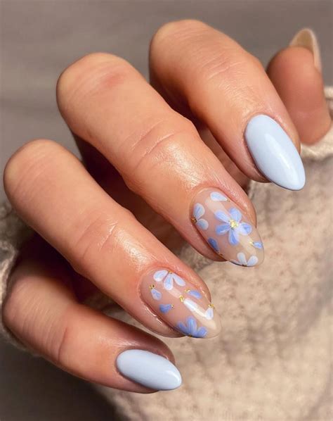 42 Cute Spring Nail Art Inspirations Blue Floral Clear Nails