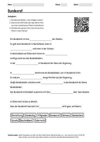 Arbeitsblatt Mit Qr Code Zum Thema Bundesrat Einfache Sprache